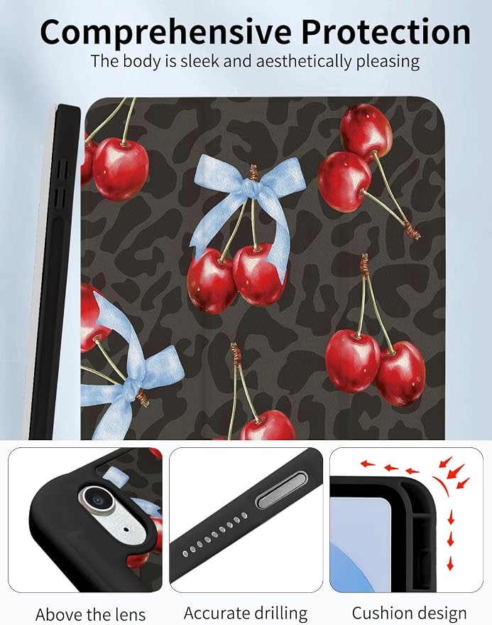 Case for iPad 9th/ 8th/ 7th Generation Case 10.2&amp10.5 Inch (2021/2020/2019 Release) Slim Lightweight Soft Trifold Back Cover with Pencil Holder &amp Auto Sleep/Wake Cover Cherries Cheetah Bows