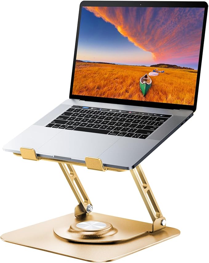 Laptop Stand for Desk, Adjustable Computer Stand with 360° Rotating Base, Ergonomic Laptop Riser for Collaborative Work, Foldable & Portable Laptop Stand, fits for All 10-16" Laptops (Gold)