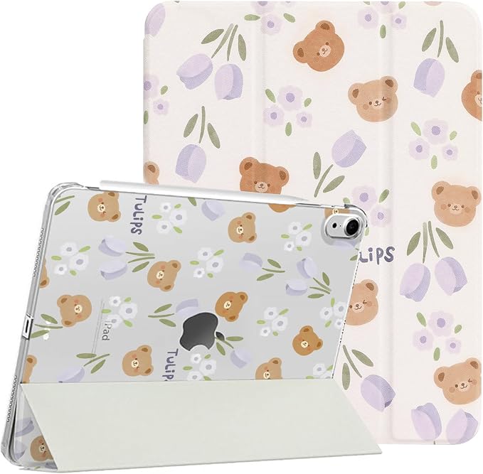 Lovmooful for iPad 9/8/7 Gen Case with Pencil Holder Cute-Bear Flower | Fit for iPad 9/8/7 (10.2-Inch2021/2020/2019 Model9th/8th/7th Generation)Soft TPUTrifold StandProtectiveGirly