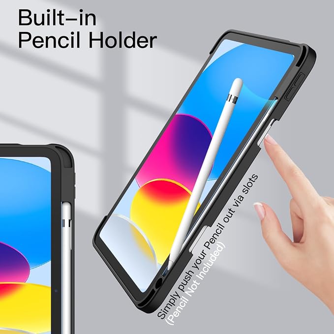 JETech Case Cover for iPad (A16) 11th/10th Gen Black | For 2025/2022 Model Clear Transparent Back Pencil Holder Slim Shockproof Tri-Fold Stand Auto Wake/Sleep