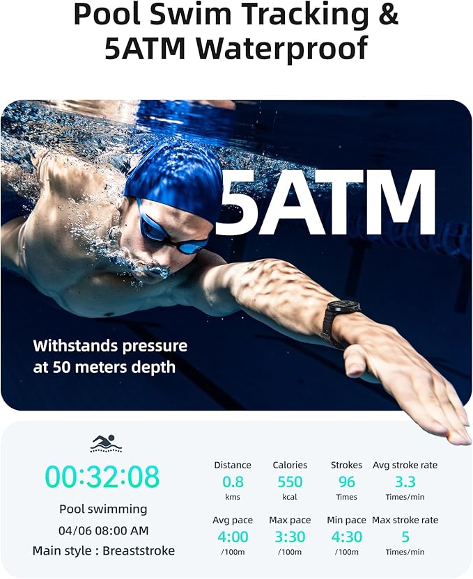 Parsonver Smart Watch for Swimming, 5ATM Waterproof Watch for Pool & Open Water, AI Swim Analysis, Built-in GPS & Compass, AMOLED Fitness Trackers 100+ Sports Modes, Heart Rate & Sleep Monitor, Black