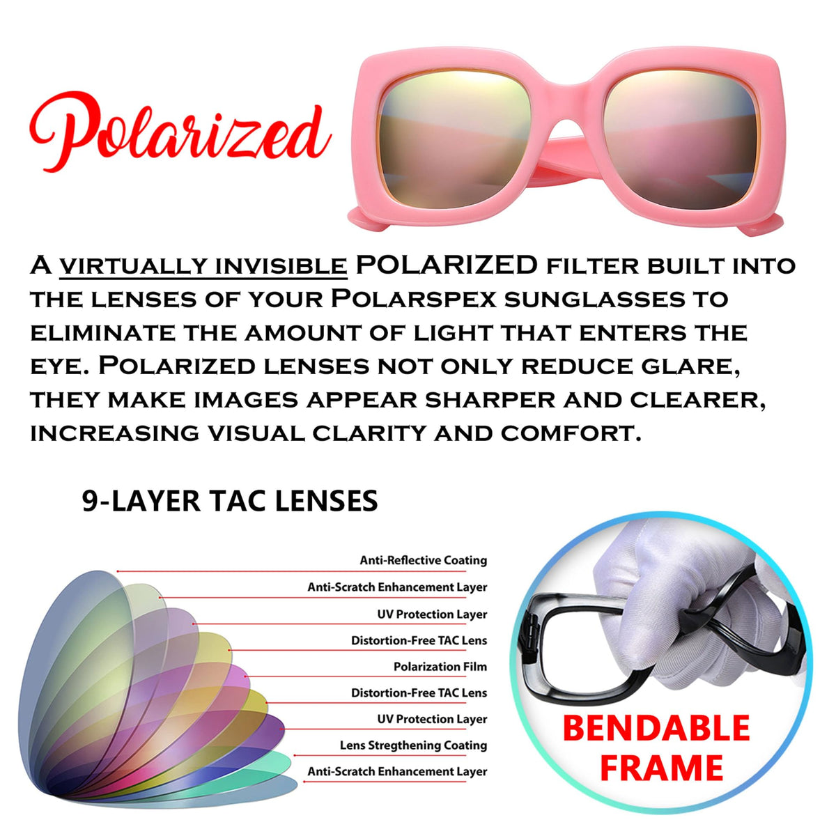 PolarSpex Girls Elastic Square Oversized Kids Polarized Sunglasses - BPA Free