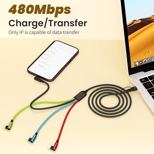 4 in 1 Multi Charging Cable 2 Pack 6FT Charging Cords for Devices | Nylon Braided USB C Car Charger Cable with Dual USB-C IP &amp Micro Ports Long Travel Charging Cord for Cars