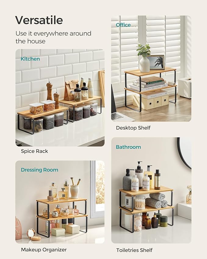 SONGMICS Cabinet Organizer Shelf, Set of 4 Kitchen Counter Shelves, Kitchen Storage, Spice Rack, Stackable, Expandable, Metal and Engineered Wood, Ink Black and Natural Beige UKCS210B01