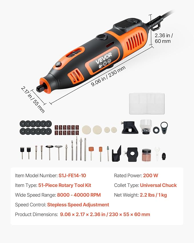 VEVOR 51-Piece Rotary Tool Kit, 200W Mini Power Rotary Tool Corded, 8000-40000RPM Multi-Purpose DIY Tools with Universal Chuck for Engraving, Sanding, Grinding, Polishing, Cutting, DIY Crafts
