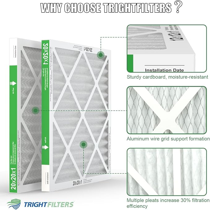 20x20x1 Air Filter 2 Pack, Durable MERV 8 Pleated Home HVAC AC Furnace Filters