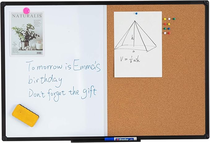Magnetic Combination Whiteboard Cork Board 48 x 36 Inch, Black Aluminum Frame - Large Wall Mounted Vision Board & Planner for Home Office, Kitchen Command Center & Classroom Organization