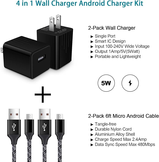 Micro Charger Phone Android Cables for Samsung Galaxy A9 Star LiteC8 J8 J7 | J3V J5J7V J3 Prime CrownS7 S6 S5 1A Wall Charger Box6FT Fast Micro Charging Cable