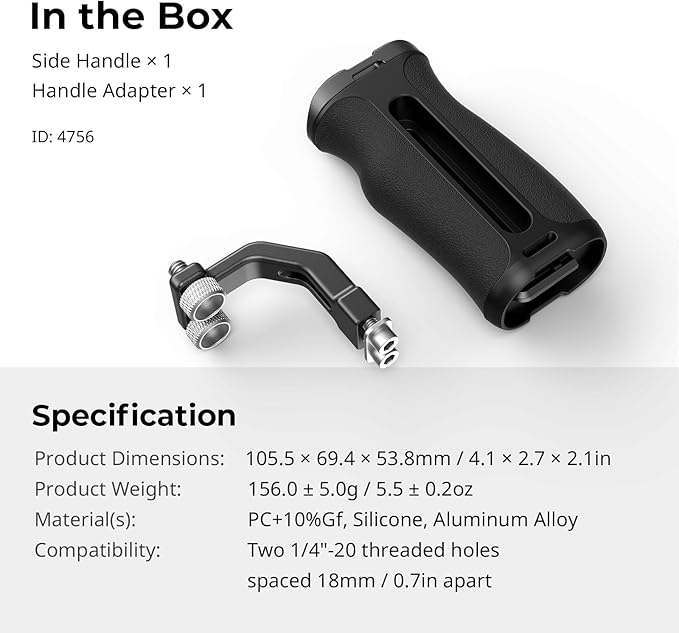 SmallRig Mini Side Handle with 1/4" -20 Screws for Camera Cage, Up and Down Adjustable, for Left or Right Hand, Ergonomic Camera Handle with Built-in Cold Shoe and Threaded Hole - 4756