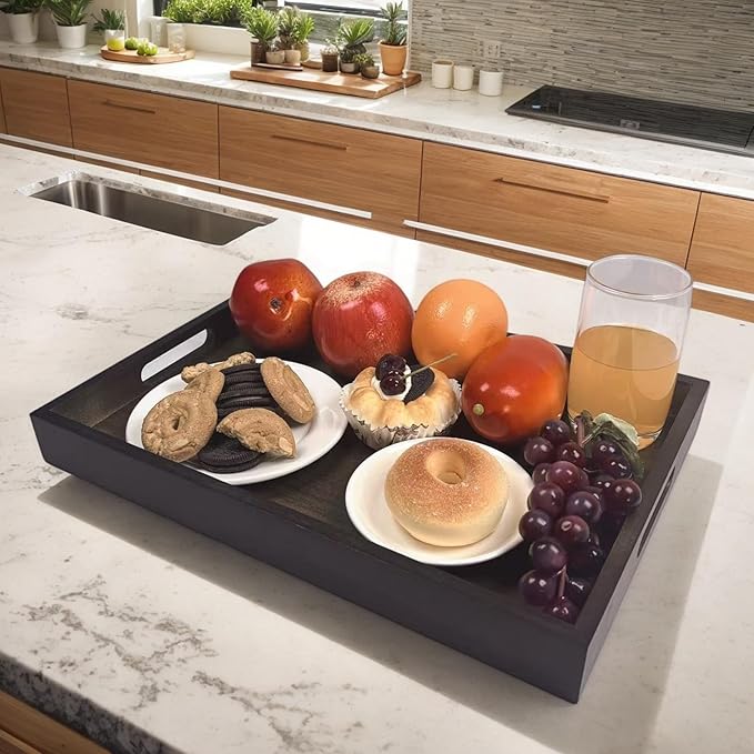 14.9''x10.2''x1.57'' Bamboo Wooden Tray with Handles, Rectangular Natural Solid Wood, Black Walnut Color Serving Tray Suitable for Kitchen,Bedroom,Coffee, Party Bars.