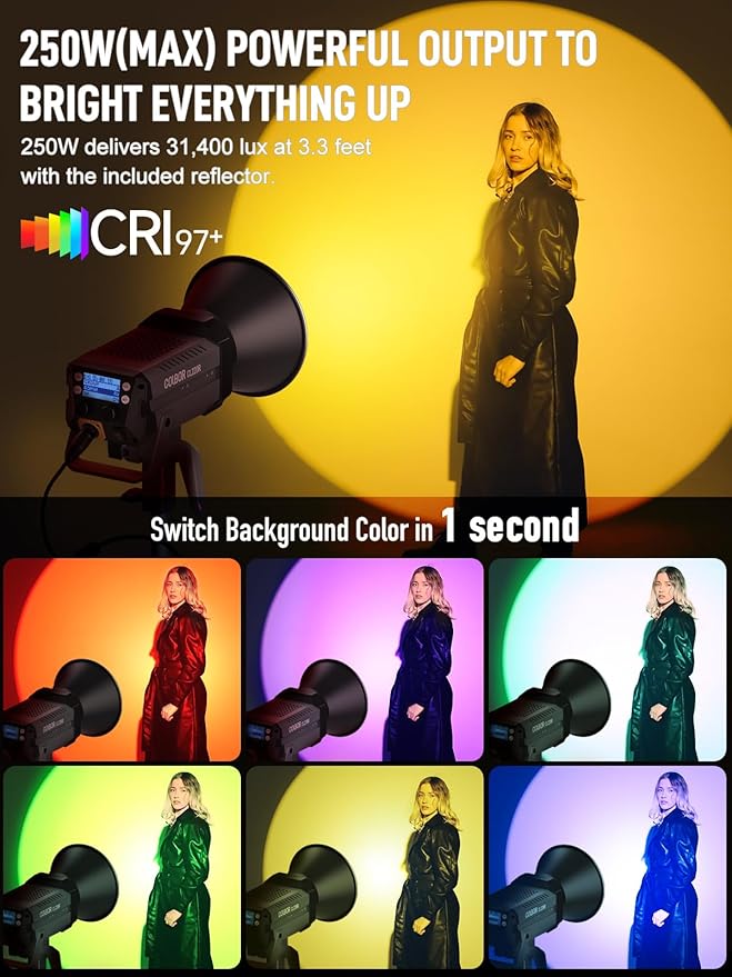 Video Light, COLBOR CL220R RGB 250W Max Continuous Lighting 2700-6500K CRI97+ 31,400Lux@3.3ft COB Studio Light with Bowens Mount APP 13 Light Effects for Film Live, Video-Light-Studio-LED-Photography