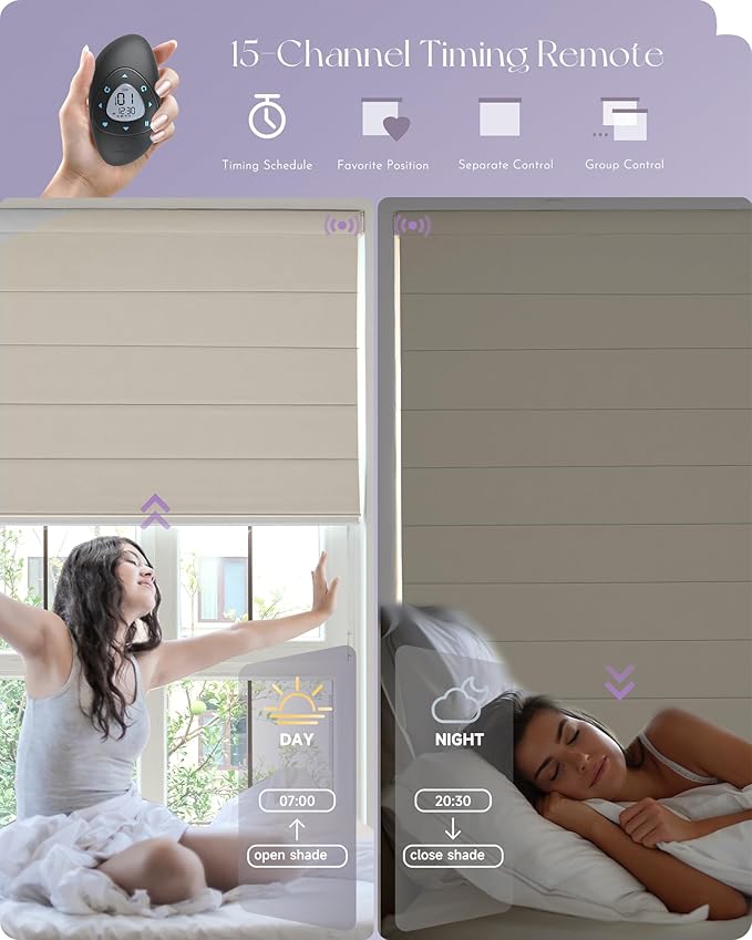 Graywind Smart Roman Shades Compatible with Alexa Google WiFi Hardwired Automatic Blinds with Remote Blackout Plain Fold Soft Roman Window Shades for Windows Doors, Custom Size (Matelasse Beige)