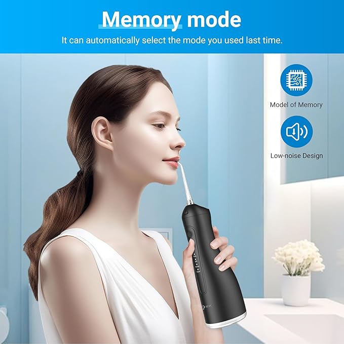 R REVA Portable Water Flosser for Teeth - 4 Modes Cordless Oral Irrigator with 300ML Tank, 360° Rotating Nozzle, 4 Jet Tips, Rechargeable, IPX7 Waterproof, Low Noise Gravity Ball Design (M159 - Black)