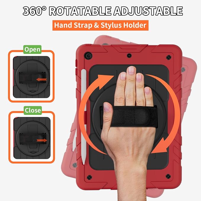 Case for iPad 9th/8th/7th Generation10.2 Shockproof 360 Rotating Stand Shoulder Hand Strap with Pencil Holder for iPad 10.2 inch 2021/2020/2019 Case (Black)