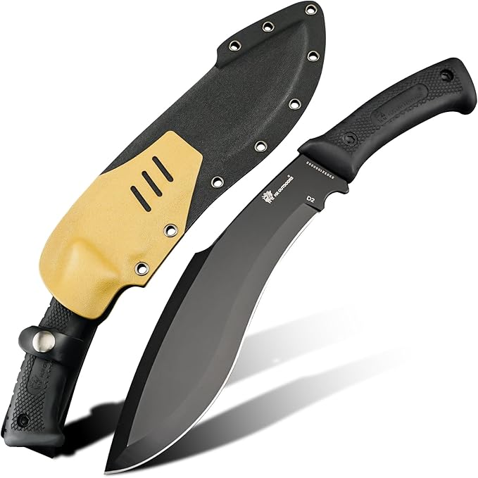 HX Outdoors 14 Inch Bush Machete Kukri Knife, Premium D2 Steel Full Tang Gardening Machete Knife with Kydex Sheath for Outdoor, Camping, Clearing Brush (Black)