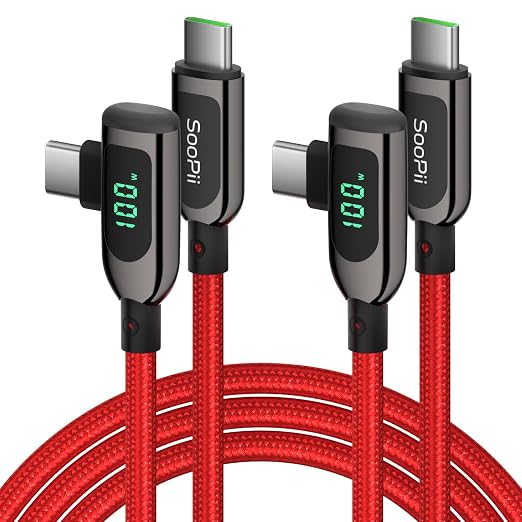 SOOPII 100W Right Angle USB C to USB C Cable2-Pack 1FT Zinc Alloy Case Nylon Braided Type-C Cable with LED Display for lPad Mini/Air/ProMacBook ProSamsung S23/S22/S10PixelLG(0.3mBlack)