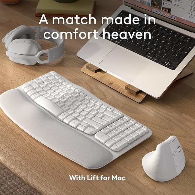 Logitech Wave Keys for Mac, Wireless Ergonomic Keyboard with Cushioned Palm Rest, Comfortable Natural Typing, Bluetooth Keyboard, Easy-Switch, Optimized for Mac, Apple, iPad - Off White(Renewed)