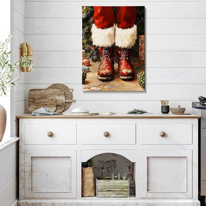 Vintage Christmas Boots Canvas Wall Art - Rustic Winter Wall Art Framed Print for Farmhouse Living Room, Cozy Christmas Wall Decor with Red Accents, Ideal Christmas Gifts & Festive