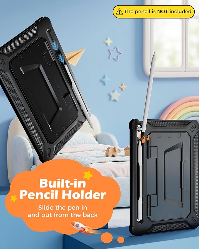 ProCase Kids Case for 11 iPad (A16) &amp 10.9 iPad 10th Gen Black | 180° Adjustable Kickstand with Pencil Holder 3-Layer Heavy Duty Rugged Shockproof Hard Shell Cover