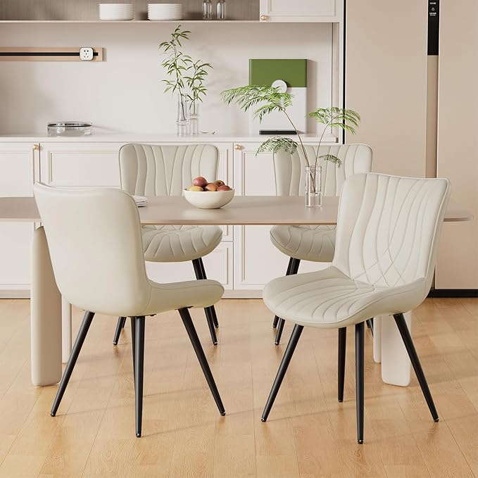 Dining Chair Set of 4 PU Leather Dining Room Chairs Upholstered Comfy Dining Chairs Modern Kitchen Armless Side Chair with Sturdy Metal Legs,Beige