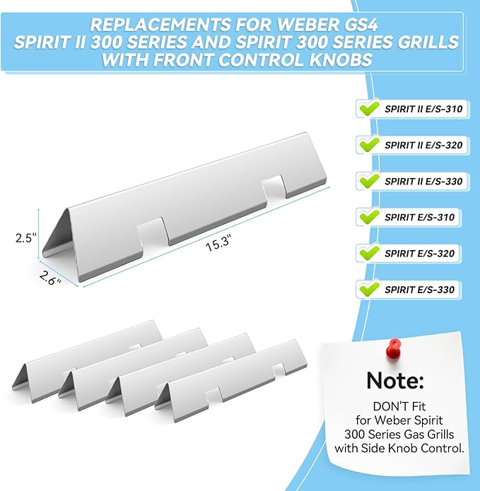 15.3" Flavorizer Bars for Weber Spirit 300 and GS4 Spirit II 300 Series E310 E320 E330 S310 S320 S330 with Front Control Knobs, Stainless Steel Grill Heat Plates Replacement for 7636, 5 Pack