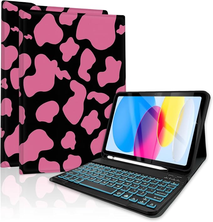 for Bluetooth Keyboard for iPad 10th Gen 10.9 inch (2022) case (A16) 11th / 10th Gen Case 11'' (2025) with 7-Color Backlights Pencil Holder Detachable Rechargeable - Black Cow