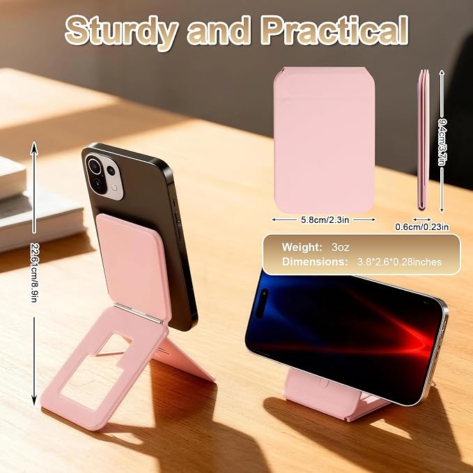Magnetic Phone Stand Compatible with All Smartphones 17/16/15/14/13/12 Series Slim PU Leather Desk Stand with Angle Adjustment Portable &amp Includes 1 Strong Magnetic Ring for Any Phone(Pink)