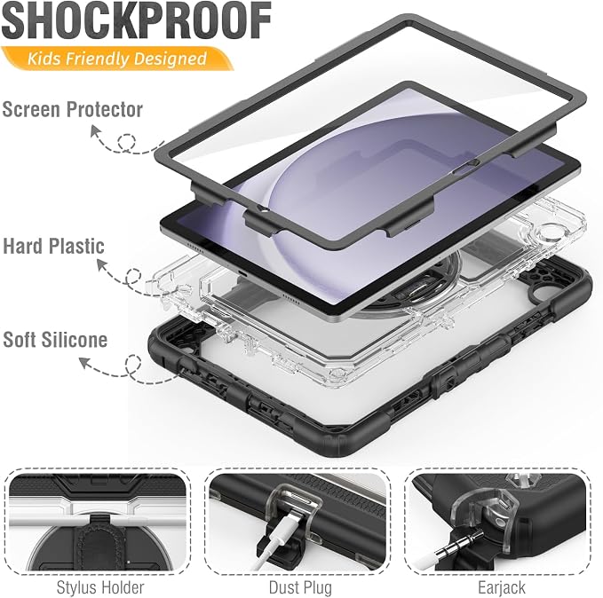 HXCASEAC Case for Samsung Galaxy Tab A9+ Plus 11 Inch Kids Protective with Screen Protector/Hand Strap/Pen Holder Sturdy Shockproof for Samsung A9 Plus Tablet Case SM-X210 SM-X216 SM-X218 - Clear
