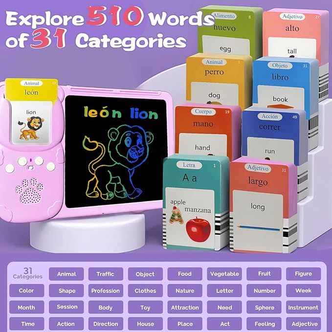 English Spanish Flash Cards for Kids 3-12 - Drawing Writing Tablet for Toddlers, Sensory Toys for Autistic Children, 510 Sight Words, Travel Activities for 4 Year Old Girl Boy (Pink)