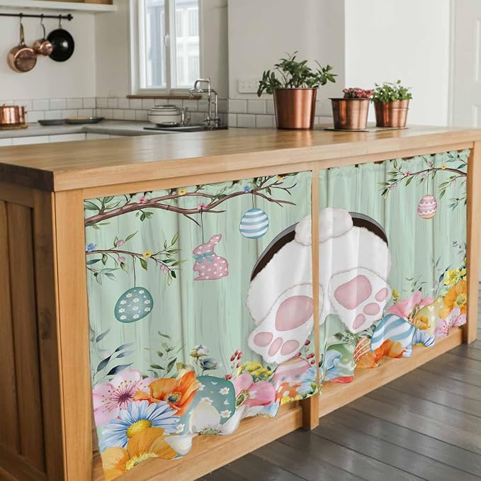Easter Kitchen Tier Curtains 36 Inch Long 2 Panel Set, Rod Pocket Half Window