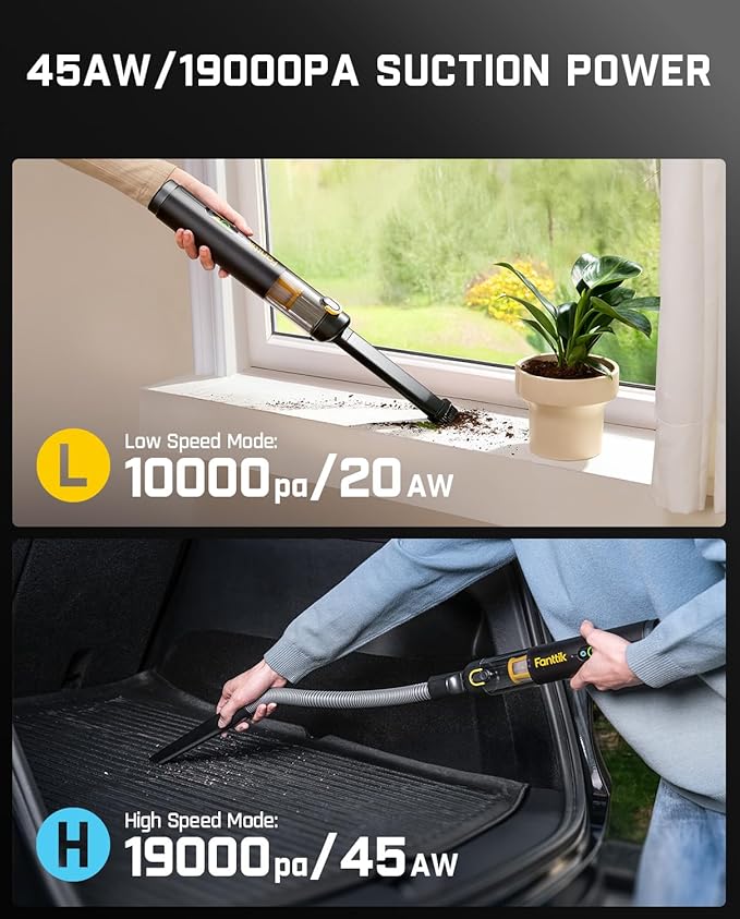 Fanttik Slim V10 APEX Cordless Car Vacuum, 4-in-1 Portable Mini Handheld Vac, 19kPa Suction Power, Upgraded Smart Digital Display, 2 Suction Modes for Small Jobs, Car, Office Desk, Keyboards (Black)