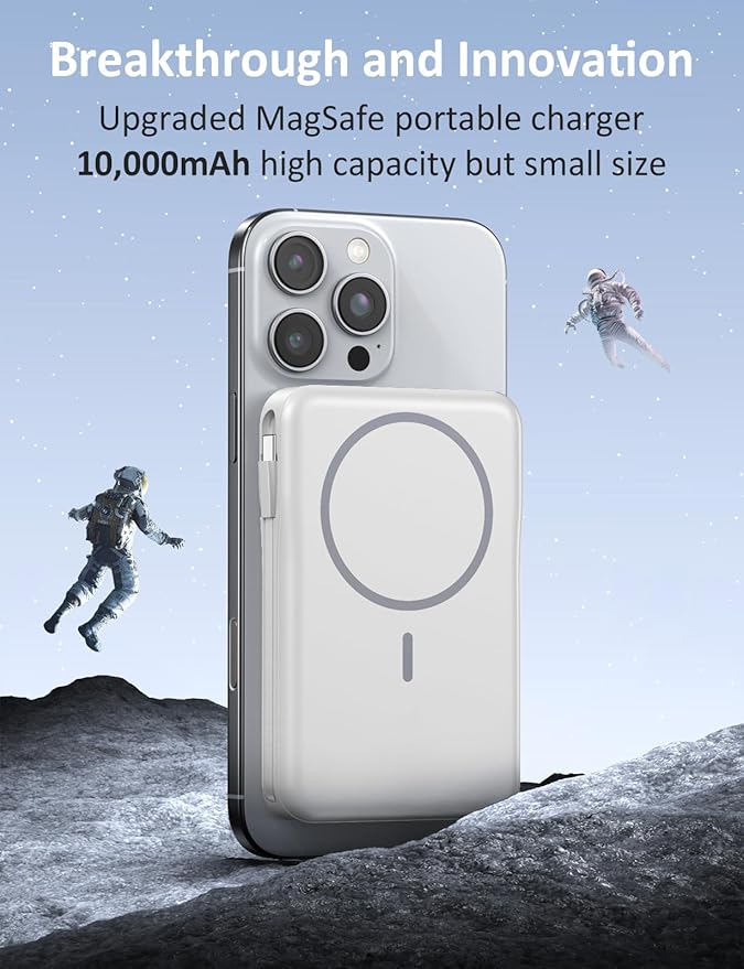 Magnetic Portable Charger, 10000mAh Power Bank, 5 in 1 Portable Charger with Built in Cable, 20W Fast Charging for Magsafe Battery Pack Compatible with iPhone 16/15/14/13 Pro/Pro Max, Samsung Series