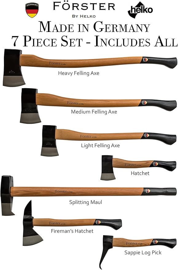 1844 Helko Werk Germany Förster 7 Piece Set - 1 x Hatchet - 1 x Light - 1 x Medium - 1 x Heavy Felling Axes - 1 x Fireman's Hatchet - 1 x Sappi - 1 x Splitting Maul (Förster Axe Set)