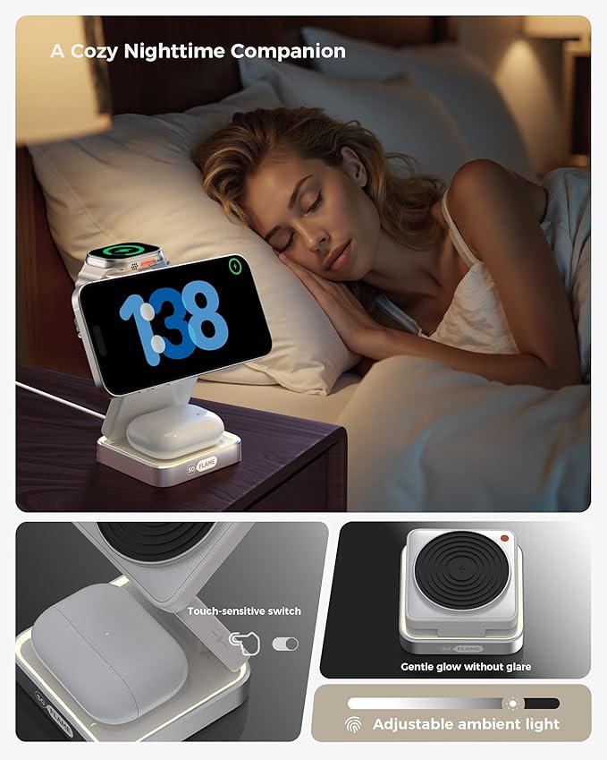 SoFlame 3 in 1 Magnetic Wireless Charging Station for Mag-safe Charger, Foldable Travel Charger with Night Light, 15W Fast Charging Stand with 25W Adapter, for iPhone17-12, Apple Watch, AirPods -Beige