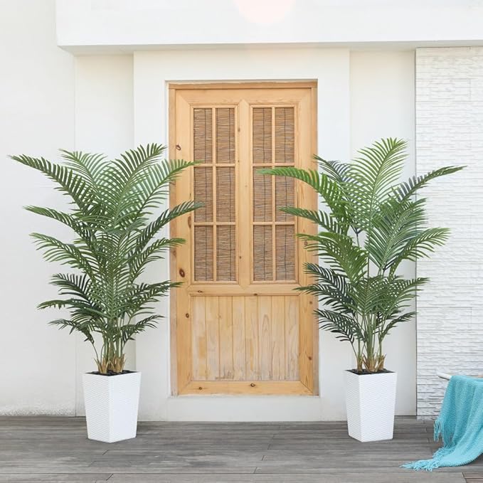 6FT Artificial Palm Tree - Tall Fake Tree with White Taper Planter & Pebbles, UV Resistant for Indoor & Outdoor Decor - Large Potted Faux Plant for Living Room, Office, Home Decor,VN130