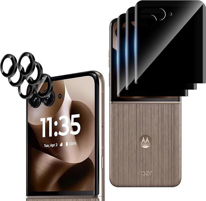 3+3 Pack for Motorola Razr+ 2024/2025 Front Privacy Screen Protector + Camera Protector3D Curved Full Cover Tempered Glass[Anti-Spy] Bubble Free Screen Protector for Razr 60 Pro/ 50 Ultra