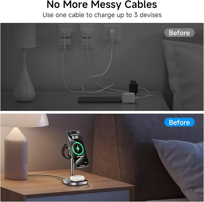 3-in-1 Magnetic Wireless Charging Stand | Rotatable Heat Dissipation Function Qi2 Certified 15W Compatible with iPhone 17-12 Series