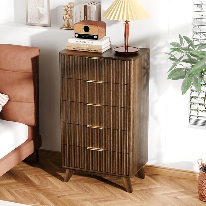VINGLI Fluted Tall Dresser 5 Drawer, 23.66" W Chest of Drawers, Walnut Wood Dresser for Bedroom Mid Century Modern with Rounded Edge, 23.66" W*15.59" D*44.88" H