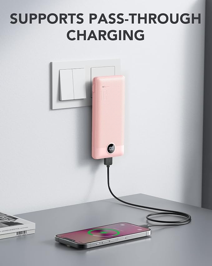 VRURC Portable Charger Power Bank Built-in Cables and AC Wall Plug | USB C Portable Bank 10000mAhTravel Essentials Phone Charger Compact External Battery Pack for Smart PhonesTablets-Black