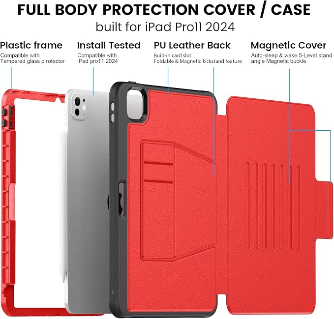 for iPad Pro 11 inch Protective Case M5 2025/M4 2024: Heavy Duty Shockproof Case with Pencil Holder - 360°Rotating Handle/Stand - Screen Protector - Shoulder Strap Black/Sky Blue