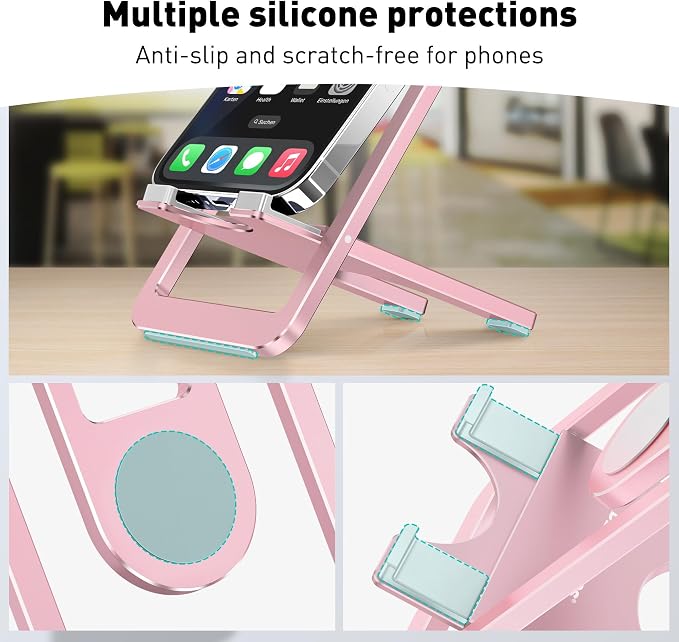 Cell Phone Stand for Desk - Foldable Aluminum Phone Holder Portable Travel Essentials Adjustable Desktop Dock for iPhone 17 16 15 14 Pro Max Android (Pink)