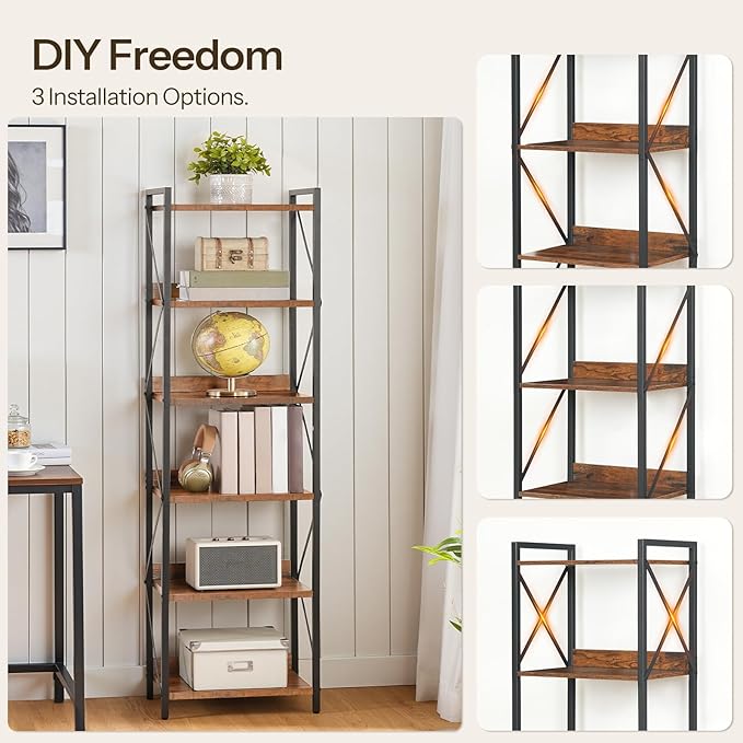 HOOBRO Bookshelf, 6-Tier Industrial Bookcase, Book Shelf Storage Organizer, Tall Bookshelf with Metal Frame for Living Room, Bedroom, Home Office, Kitchen, Rustic Brown and Black BF72SJ01