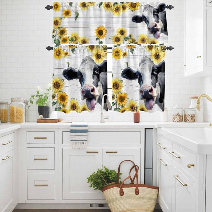 Kitchen Curtains Tiers and Valance Set of 3, Cow Sunflowers Light Filtering