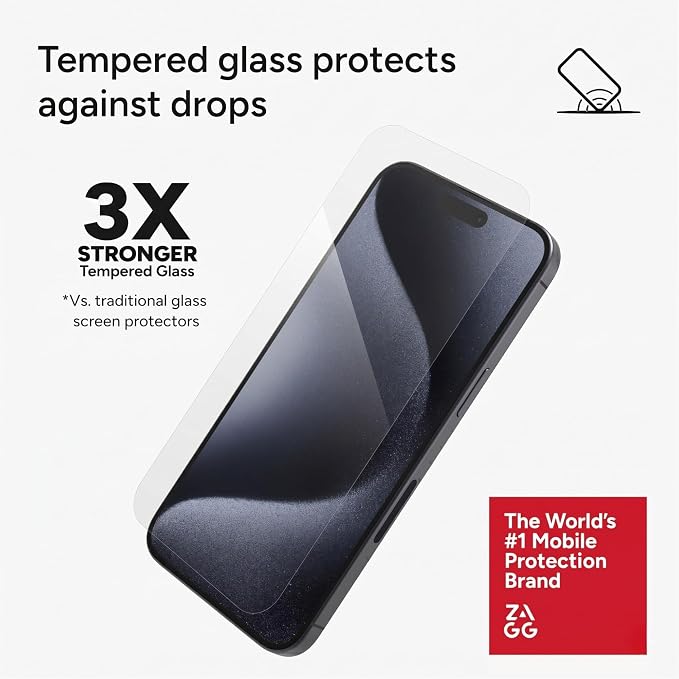 ZAGG InvisibleShield Glass Screen Protector for iPhone 15 Pro Max - 3X Stronger Tempered Glass Scratch &amp Impact Protection Smudge-Resistant Easy to Install - Clear