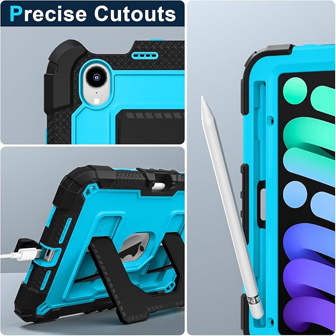 Kids Case Compatible with iPad mini 7 A17 pro 2024 Mini 6 8.3”Colorful Shockproof Case with Pencil Holder and Adjustable Big StandHandle Strap for iPad mini 6th 7th Gen