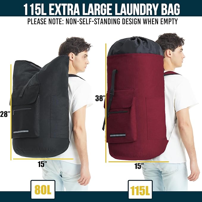 Laundry Bag With 4 Pockets，Laundry Bag With Shoulder Straps，Sturdy Laundry Backpack Heavy Duty，Large Clothes Hamper Bags 115L，College Laundromat Backpack For Dorm Room，Travel Laundry Bags XXL