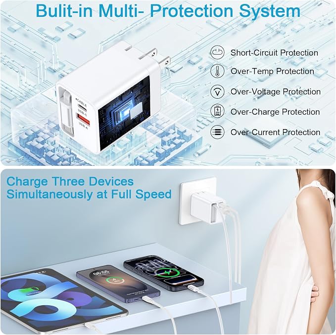 35W USB C Charger with Retractable Cable3-Port Foldable Wall Plug PD &amp QC Fast Charging Block with Type C Cable for iPhone 17e/17 Pro Max/16e/16/16 Pro Max/15/15 Plus/Samsung Galaxy S26/S25/S24/S
