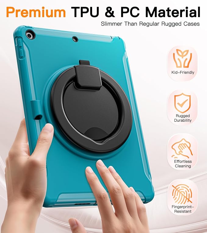 BATYUE Shockproof Case for iPad 9th 8th 7th Gen 10.2 Inch Black | 3in1 PC+TPU Heavy Duty 360° Rotatable Ring Stand for Grip Carry Hang &amp Multi-Angle View Screen Protector Pencil Holder