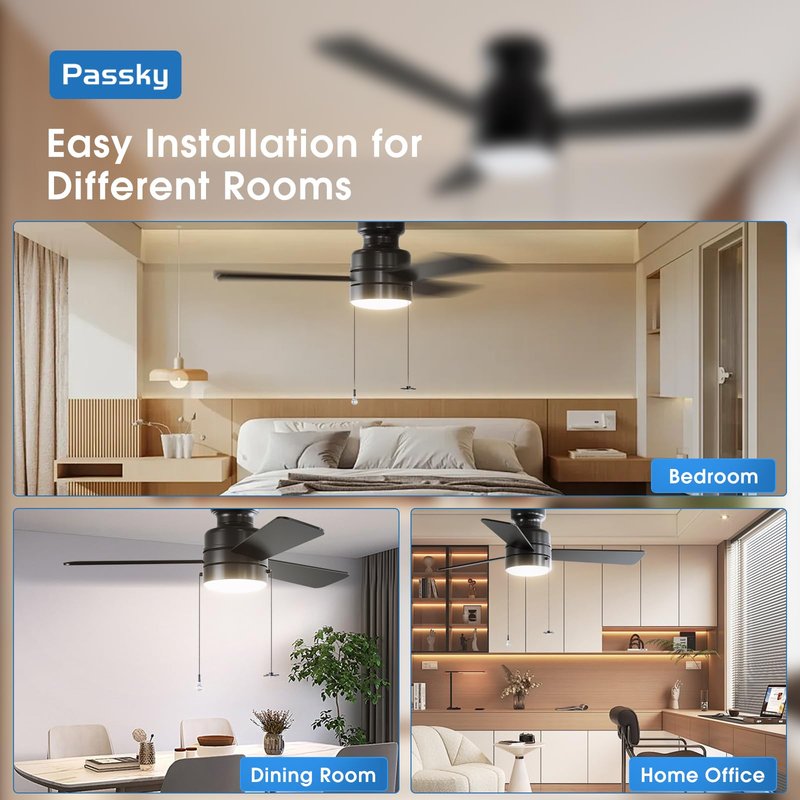 Passky Ceiling Fans with Lights, 42 inch Low Profile Ceiling Fan with Pull Chain and Remote Control, Flush Mount, Reversible, 5CCT, Dimmable, Noiseless, Black Pull Cord Ceiling Fan for Bedroom