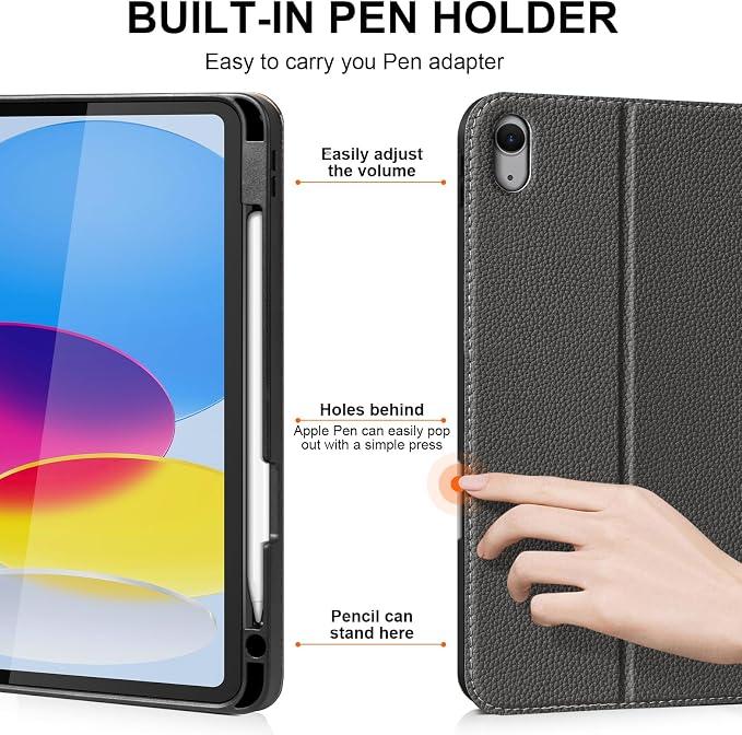 iPad Case 11th Gen 11 &amp 10th Gen 10.9 with Pencil Holder Black | Slim Premium Leather Smart Cover Auto Wake/Sleep Multi-Angle Protective Stand